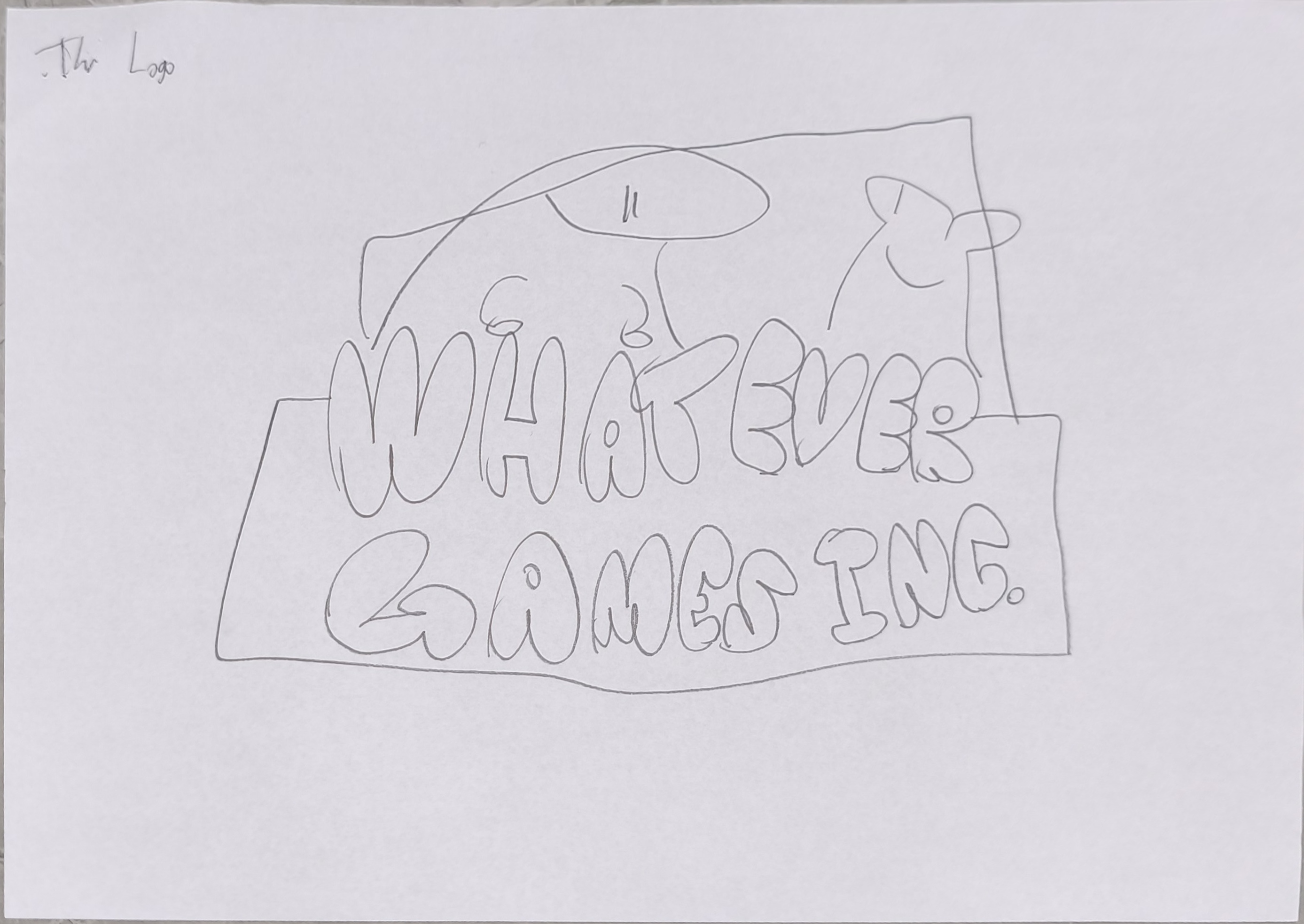 Original pencil sketch of the What Ever Games I.N.C. logo on paper